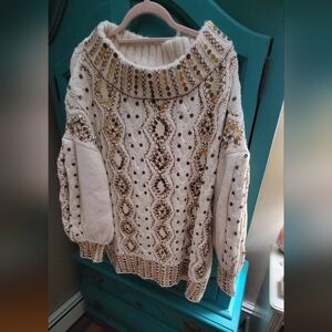 Free People Cream and Gold Cowl Neck Sweater- Oversized.